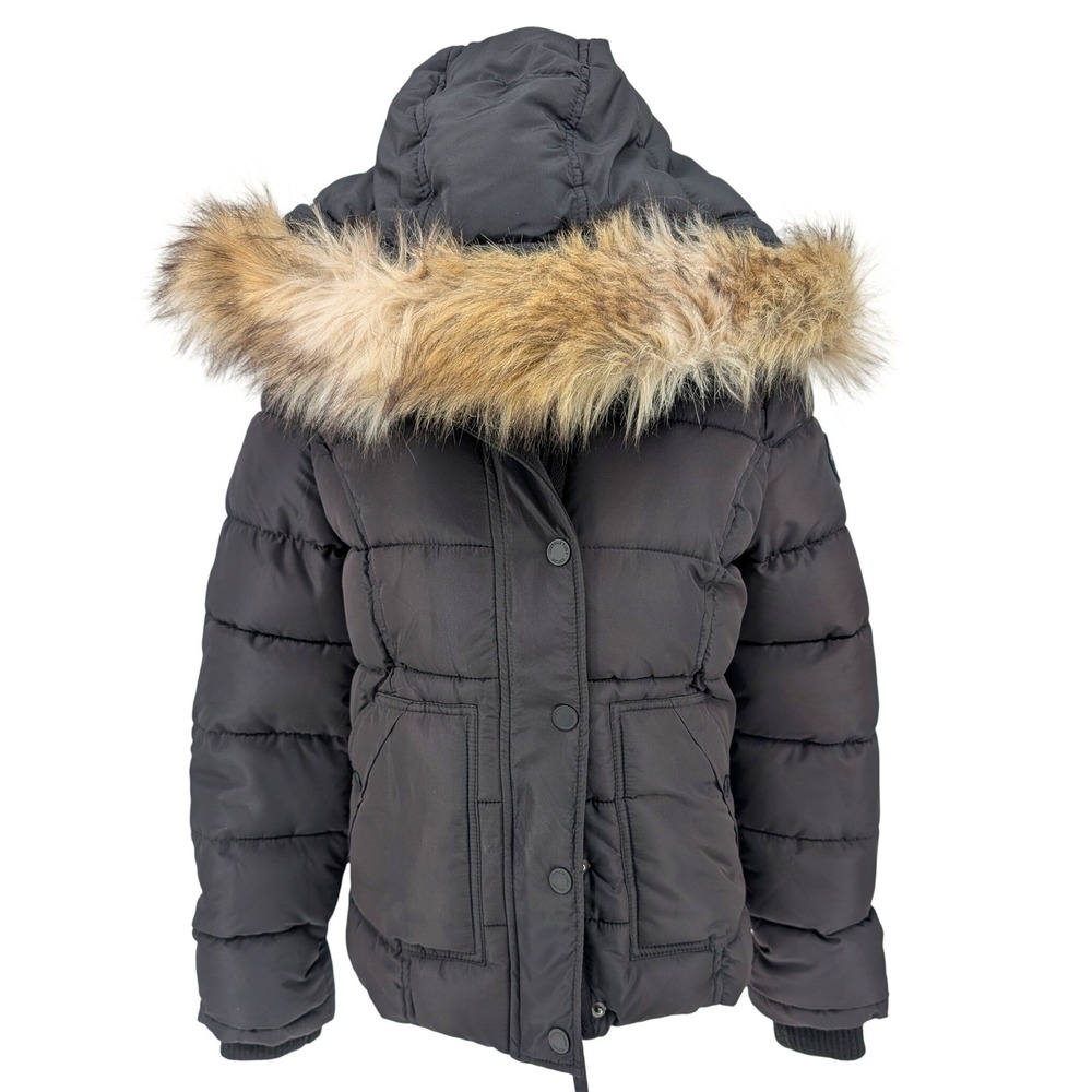 American Eagle Puffer Jacket Women S Black Faux Fur Hooded Parka Quilted Y2K
